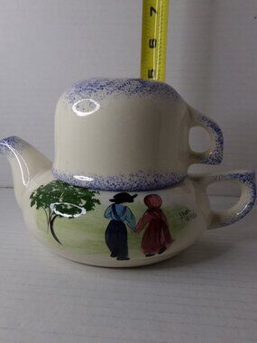 Vintage Teapot Cup Cover Ceramic Hand Painted Signed Jeanne Koch Amish 1996